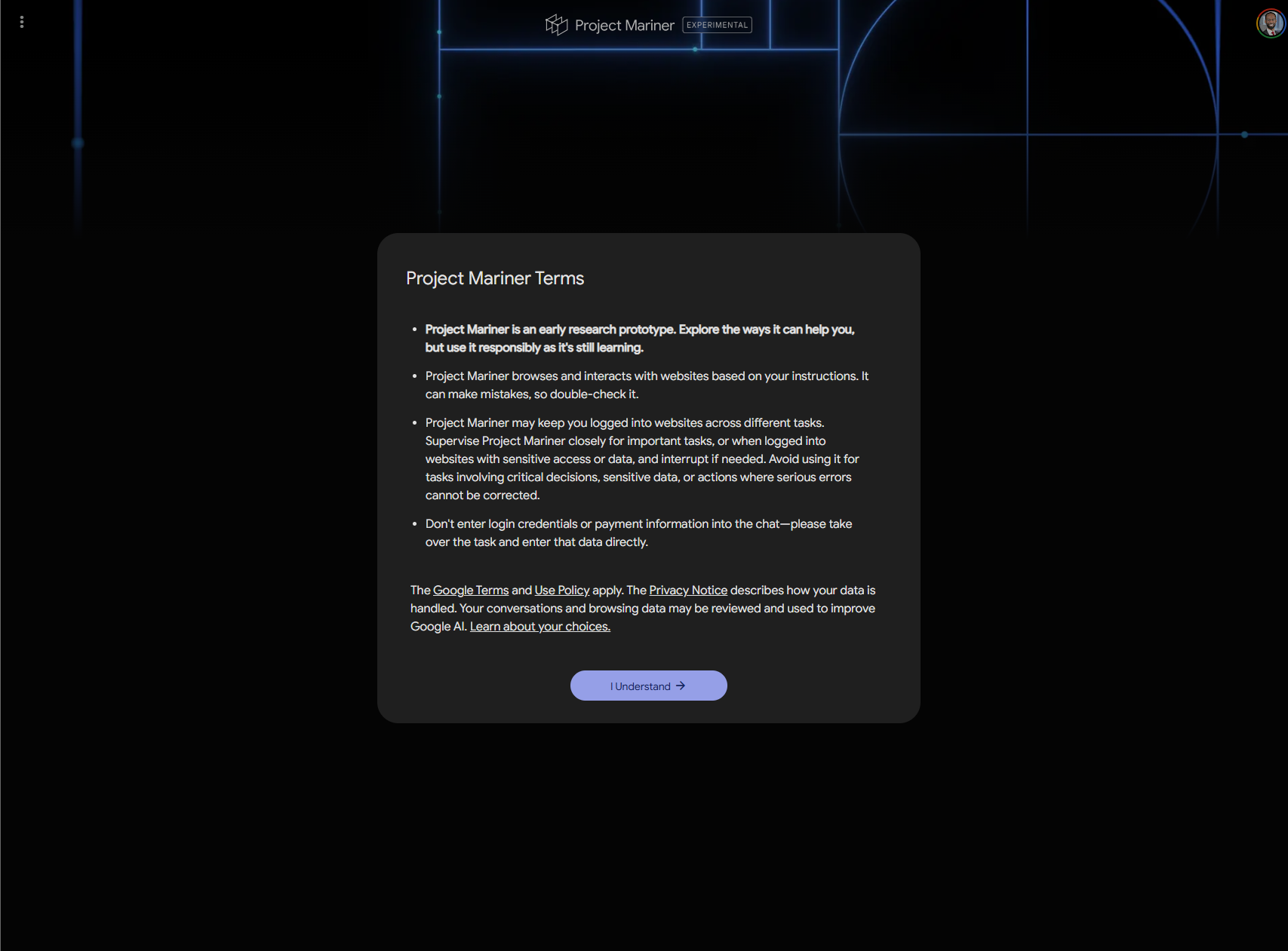 Screenshot of Google Project Mariner welcome screen and terms